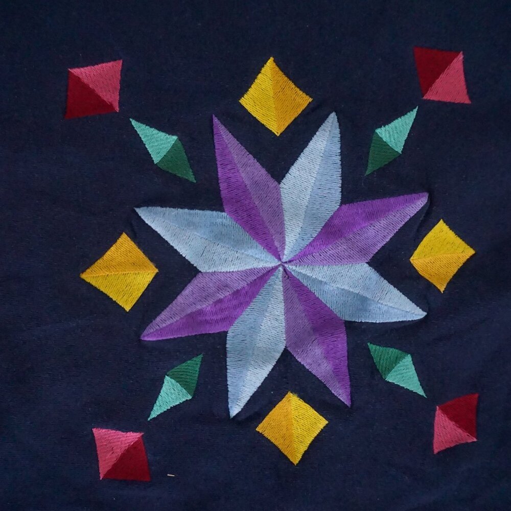 Vintage Jerzees Navy Geometric Star Quilt Embroidered Cotton Crew Sweatshirt XL - Picture 7 of 9